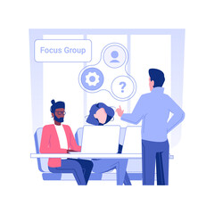 Poster - Focus group isolated concept vector illustration. Group of diverse people discussing new product before launch, market research, collect customer feedback, share opinion vector concept.