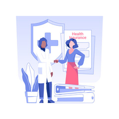 Poster - Health insurance isolated concept vector illustration. Woman making successful deal in medical insurance, business industry, health protection, meeting with doctor vector concept.