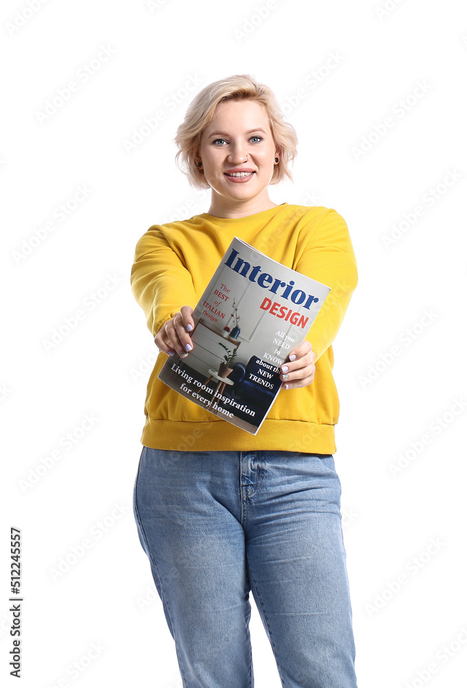 Beautiful blonde woman with magazine on white background