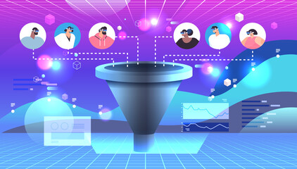 Poster - mix race customers or employees wearing digital glasses metaverse virtual reality technology sales funnel cone