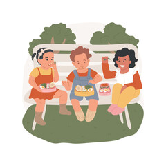 Meal boxes isolated cartoon vector illustration. Kids sitting together, eating food from meal boxes, food safety, field trip security measure, children having lunch outdoor vector cartoon.