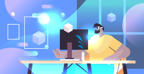 Wall Mural - businessman in digital glasses working on computer at workplace in office vr vision headset innovation metaverse concept