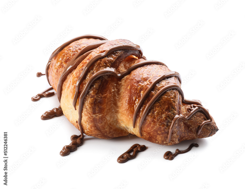 Delicious croissants with chocolate on white background