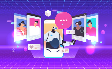 Poster - robot in vr glasses discussing with mix race people during video call artificial intelligence virtua