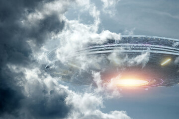 Wall Mural - flying saucer in the sky, ufo. mixed media