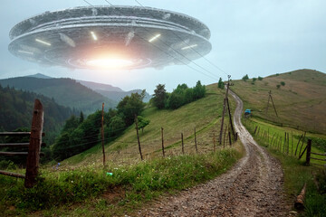Wall Mural - flying saucer in the sky, ufo. mixed media