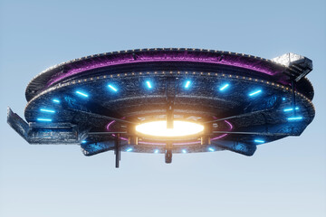 Wall Mural - ufo, an alien saucer hovering over the field, hovering motionless in the air. unidentified flying ob