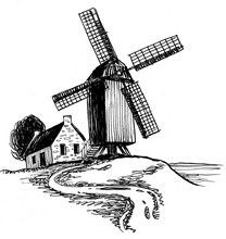 Old Windmill And Farm In The Countryside. Ink Black And White Drawing
