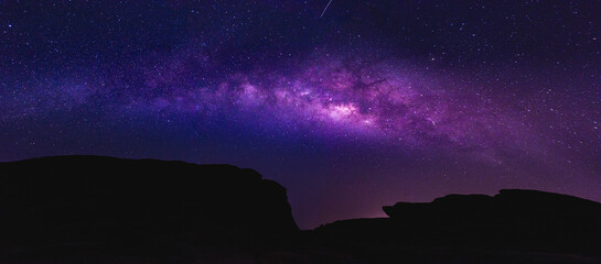 Milky way in the night sky and stars on dark background with noise and shadows of mountains. Photo taken with long exposure and white balance selected.