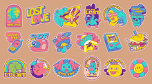 Trendy Retro Stickers With Ufo, Flower, Mushroom, Camera, Dinosaur And Girl. Vector Set Of Contemporary Comic Patches With Hamburger, Globe, Bat, Skull And Apple