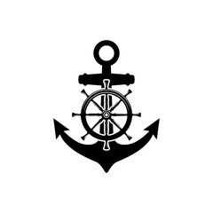 Wall Mural - Illustration of an anchor with ship steering wheel in monochrome style. Design element for poster, card, banner, emblem, sign. Vector illustration