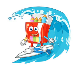 Canvas Print - colored pencils surfing character. cartoon mascot vector