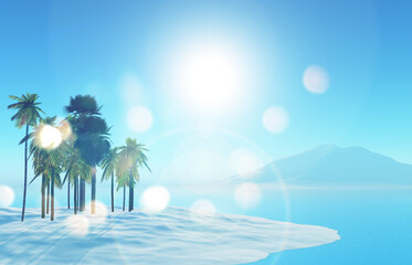 Wall Mural - 3d tropical background with palm tree island and sun rays