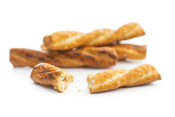 Wall Mural - Salted pretzel sticks. Salted crackers isolated on white background.