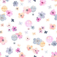 Floral seamless pattern with pink and gray flowers on white background. Watercolor illustration. Cute texture for wrapping, textile, wallpaper, apparel and fabric. Little flowers and cute balloons.