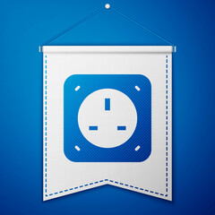 Sticker - Blue Electrical outlet icon isolated on blue background. Power socket. Rosette symbol. White pennant template. Vector