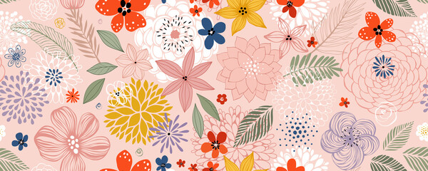 Wall Mural - horizontal floral seamless pattern with many decorative flowers, leaves and twigs. for fashion fabri