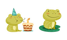 Green Funny Frog Characters Set. Cute Toad Amphibian Animal Blowing Candle On Birthday Cake And Sitting On Lotus Leaf Cartoon Vector Illustration