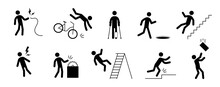 Accident Pictogram Man Icon. Ladder Falling, Injury Leg, Bike Accident Pictogram Sign Set. Warning, Electric Shock, Danger Icon Stick Man Vector Illustration.
