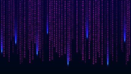 Poster - Purple matrix on the dark background with different numbers and light. Big data visualization. Digital texture backdrop. Vector illustration.