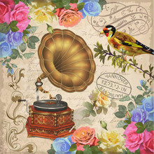 Seamless Vintage Background  With Rose, Gramophone And Bird.