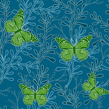 Silhouettes Of Identical Leaves Seamless Pattern With Green Butterflies. Vector Hand Drawn Illustration