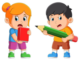Wall Mural - The boy and girl is holding the school stationary and fight with it