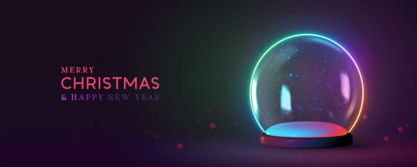 Wall Mural - Christmas glowing glass winter snow balls in neon light. Realistic 3d design magical sphere transparent. Holiday decoration objects. Template podium studio. Xmas background. Vector illustration