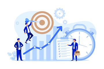 Poster - tiny people with clock, checklist and target. productive cartoon characters achieving goal flat vect