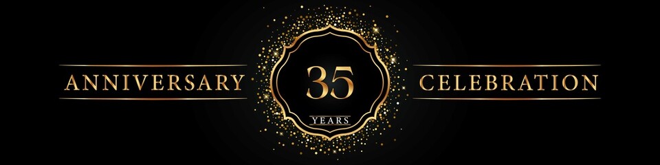 Wall Mural - 35 years golden anniversary celebration logo. Poster Design for anniversary event party, wedding, birthday party, ceremony, congratulation, greetings and invitation card. Gold Glitter Vector.