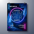 Summer Party Flyer Design Template with Glowing Neon Light on Fluorescent Tropic Leaves Background. Vector Summer Celebration Holiday Illustration for Banner, Flyer, Invitation or Celebration Poster.