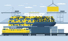 Loading Containers On A Freight Train In The Port From A Container Ship. Vector Illustration.