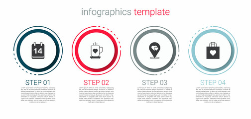 Wall Mural - Set Calendar with February 14, Coffee cup and heart, Location and Shopping bag. Business infographic template. Vector