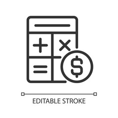 Poster - Counting money pixel perfect linear icon. Financial accounting. Cash control. Income statement. Thin line illustration. Contour symbol. Vector outline drawing. Editable stroke. Arial font used