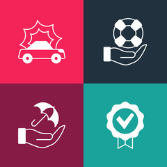 Set pop art Approved and check mark, Umbrella in hand, Lifebuoy and Car accident icon. Vector