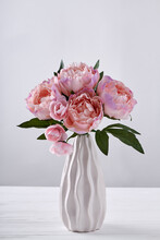 White Vase Of Pink Peony Flowers Bouquet. Womens Day Or Wedding Concept.