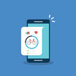 © madedee - Bicycle, Cycling, Fitness tracking app on mobile phone screen.