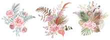 Set Of Watercolor Bouquets With Pink Rose Flowers Herbarium Of Dry Palm Leaves