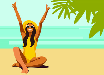 Wall Mural - vector illustration a tanned girl in a yellow swimsuit and a hat with raised hands rejoices in the summer on the background of the sea or ocean. useful for advertising summer holidays, beaches, hotels