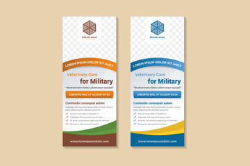 Poster - veterinary care for military banner template design. Pet Care roll up banner. Best care for your pet poster, cover. space for photo in hexagon and text. two color selected are blue and brown element.