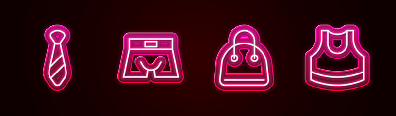 Canvas Print - Set line Tie, Men underpants, Handbag and Female crop top. Glowing neon icon. Vector