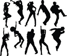 Ten Silhouettes Of Dancing People Vector Elements.