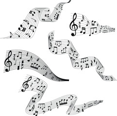 Abstract silhouettes of musical scores with notes and G clef. Abstract musical scores vector set.