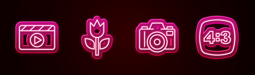 Canvas Print - Set line Movie clapper, Photo mode macro, camera and frame 4. Glowing neon icon. Vector