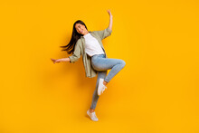 Full Length Portrait Of Overjoyed Gorgeous Lady Enjoy Dancing Partying Isolated On Yellow Color Background