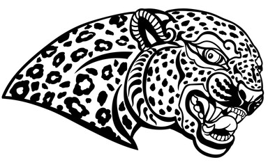 Wall Mural - Head of a roaring leopard. Aggressive spotted panther jaguar. Tattoo, emblem, logo, mascot. Side view isolated vector illustration. Black and white