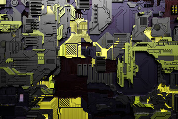 Poster - Detail of a futuristic  machine. 3D illustration of a futuristic wall made of various details. Cyberpunk background. Industrial wallpaper. Grunge details