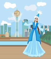 Wall Mural - Vector image of a dancing girl on the background of the capital of Kazakhstan Nur-Sultan
