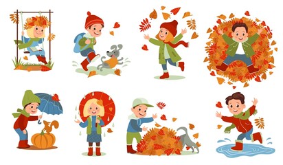 Autumn kids. Cute little children playing with fallen foliage and jumping through rain puddles. Orange leaves. Seasonal fun. Happy boys and girls walking in park. Splendid vector set