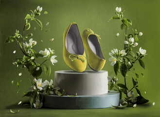 Trendy green ballerina flats shoes at podium with jasmine flowers branches at green background. Creative summer fashion concept with slippers and blossom. Modern product presentation. Front view.